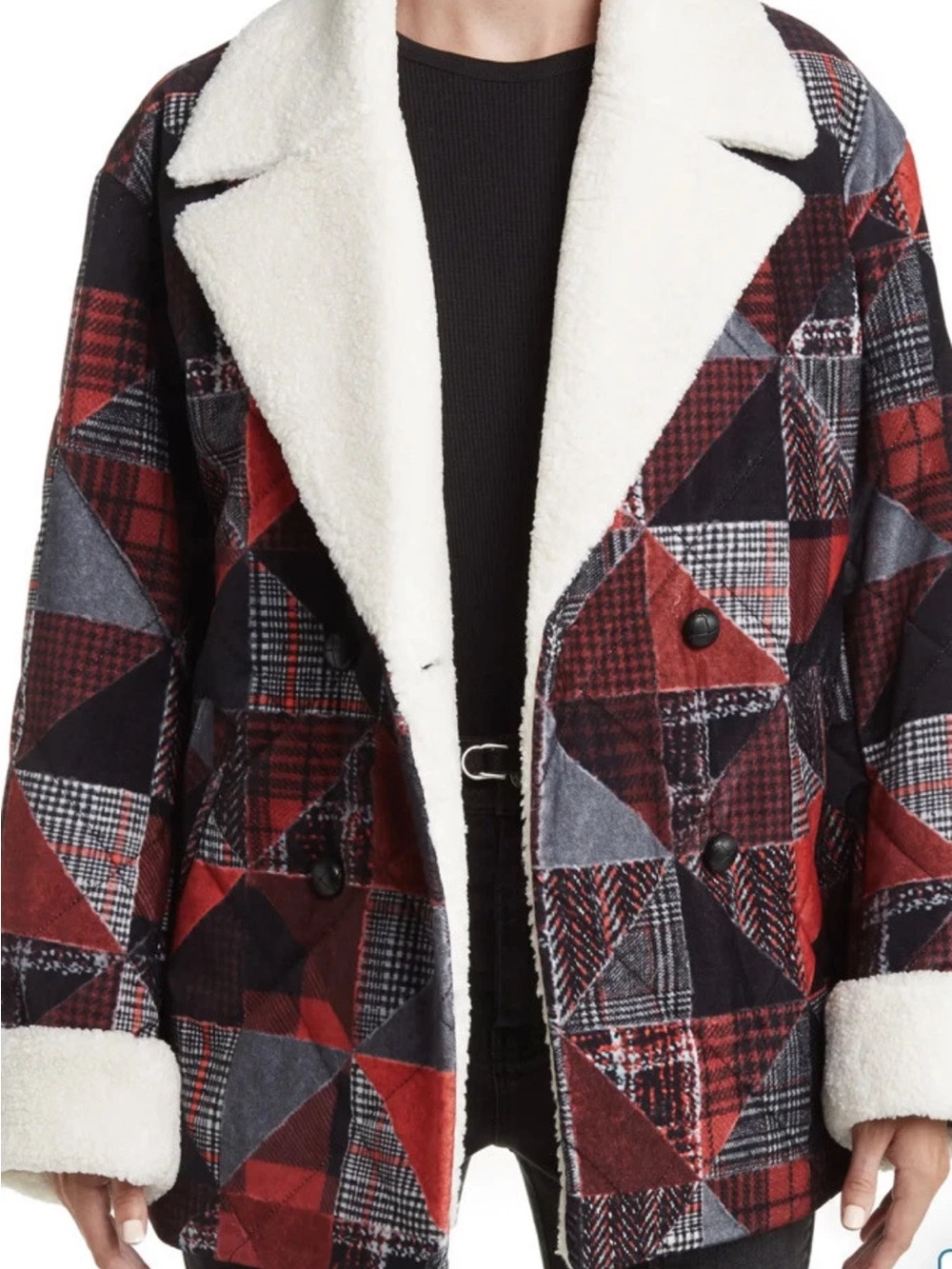 Derek Lam 10 Crosby Hayden Quilted Red Black Faux Fur Coat Peacoat Large NWT